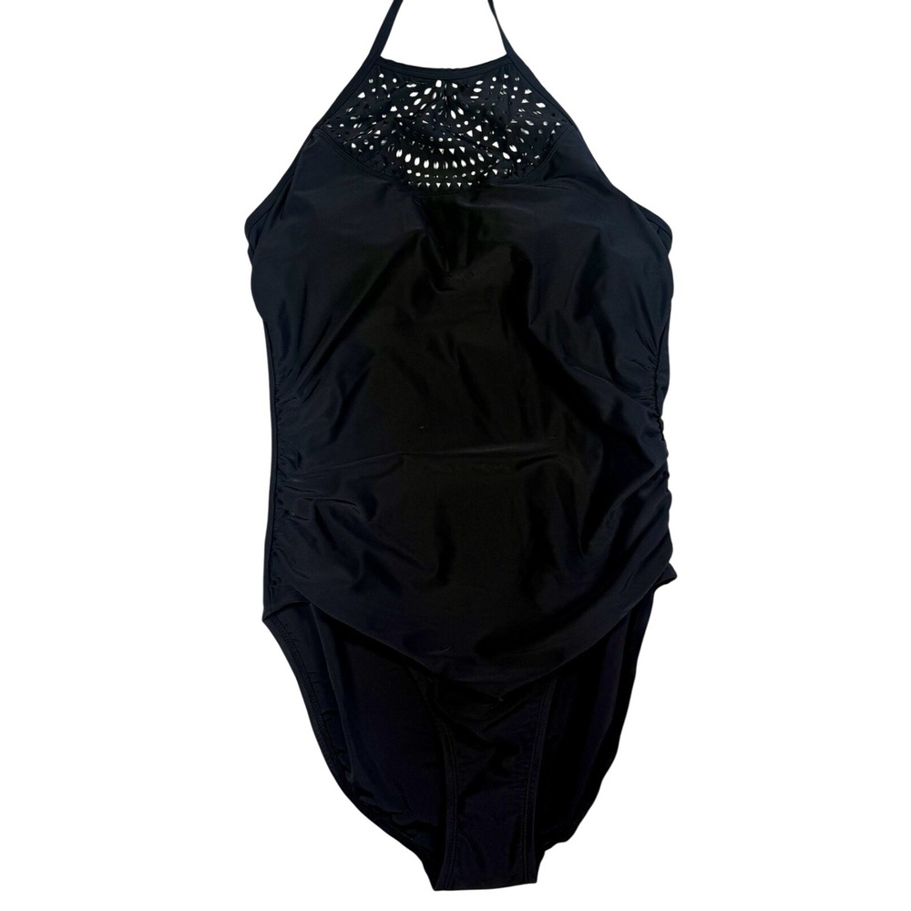 Merona High Neck Halter One Piece Bathing Swimsuit Women L Black Laser Cut NWT